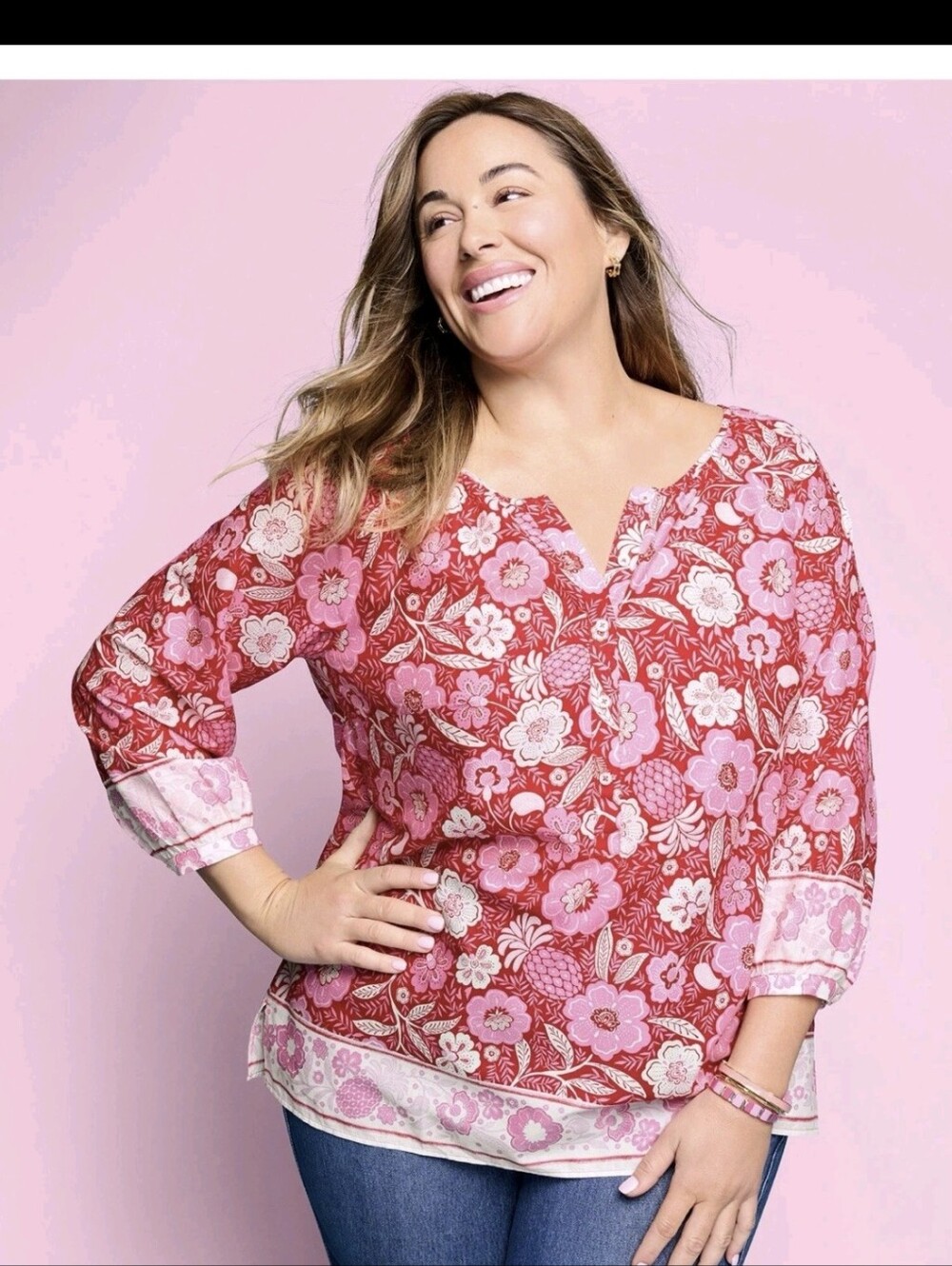 Talbots Pink & Light Pink Floral Split-Neck Blouse